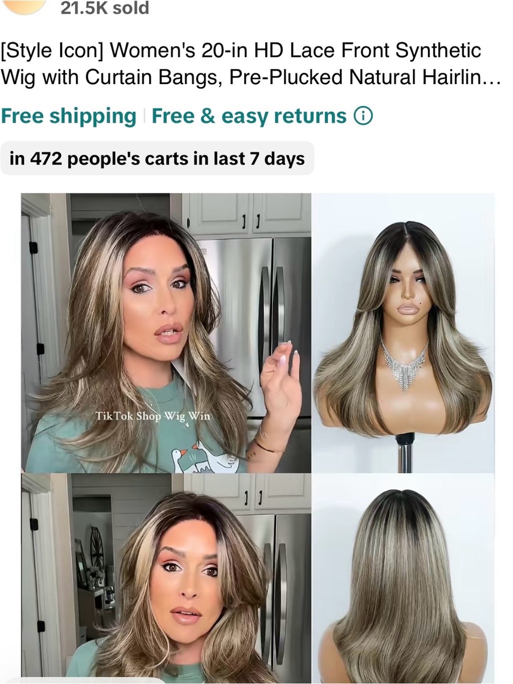 20" HD Lace Front Synthetic Wig with Curtain Bangs — Ash Blonde Balayage New!!!